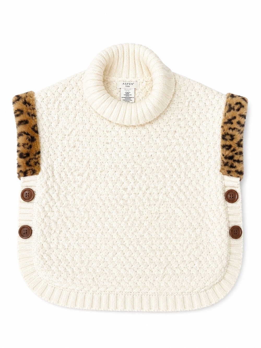 Aspen Kids Cream Knit Turtleneck Poncho with Leopard Trim